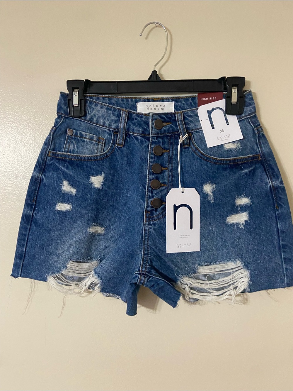 Nature Denim High-Rise Distressed Jean Shorts - Blue